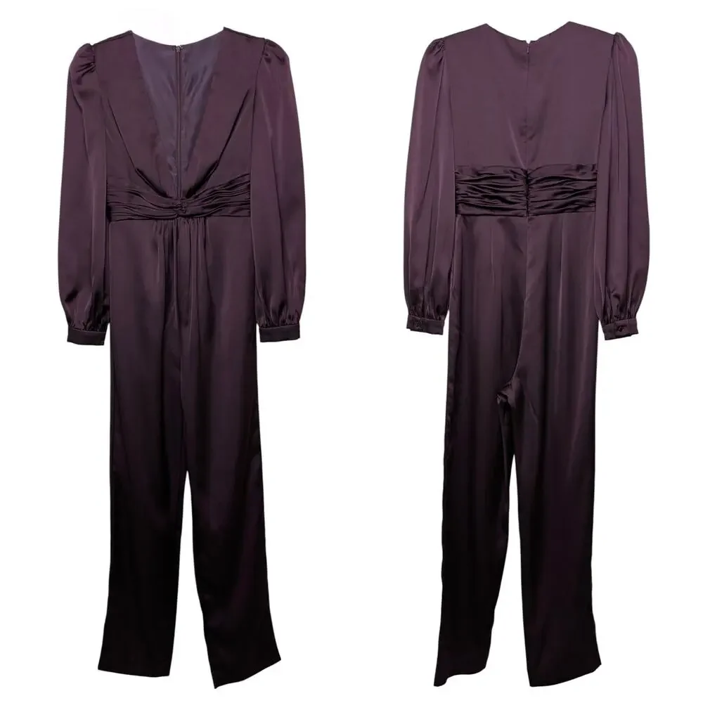 Plum Satin Puff Sleeve Straight Leg Jumpsuit Deep V Formal Evening Sz 2 EUC - Picture 11 of 11